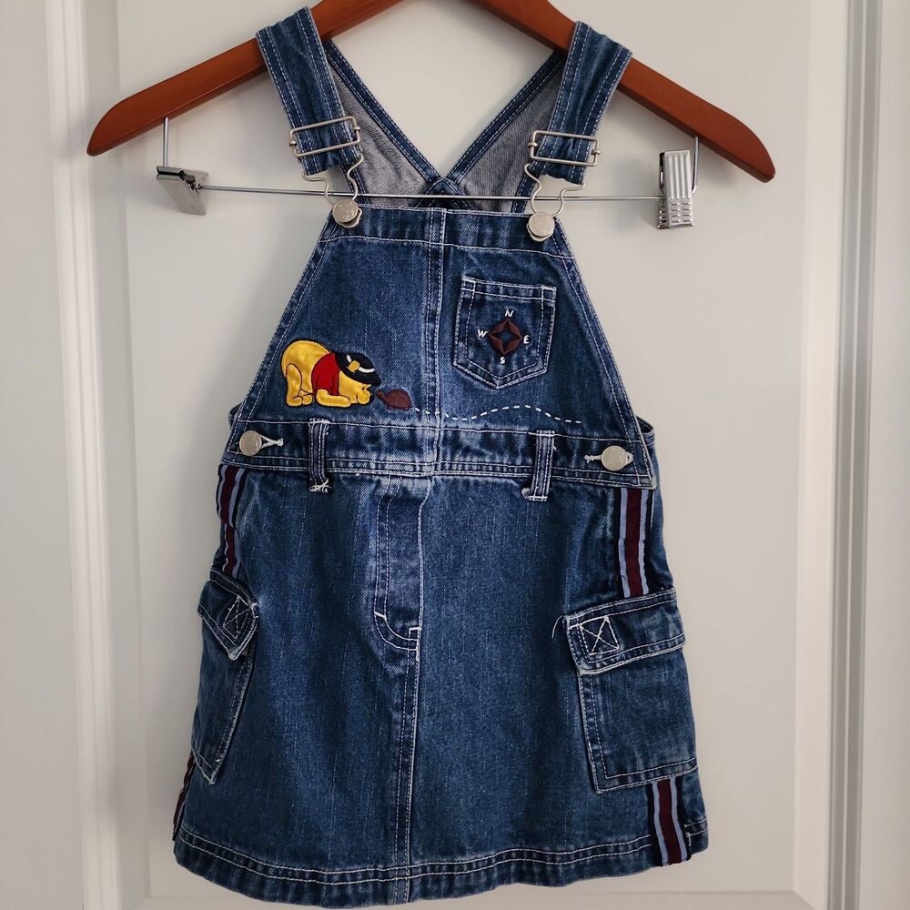VTG Y2K Disney Winnie Pooh Denim Overall Dress Size XS 4/5 Embroidered RARE